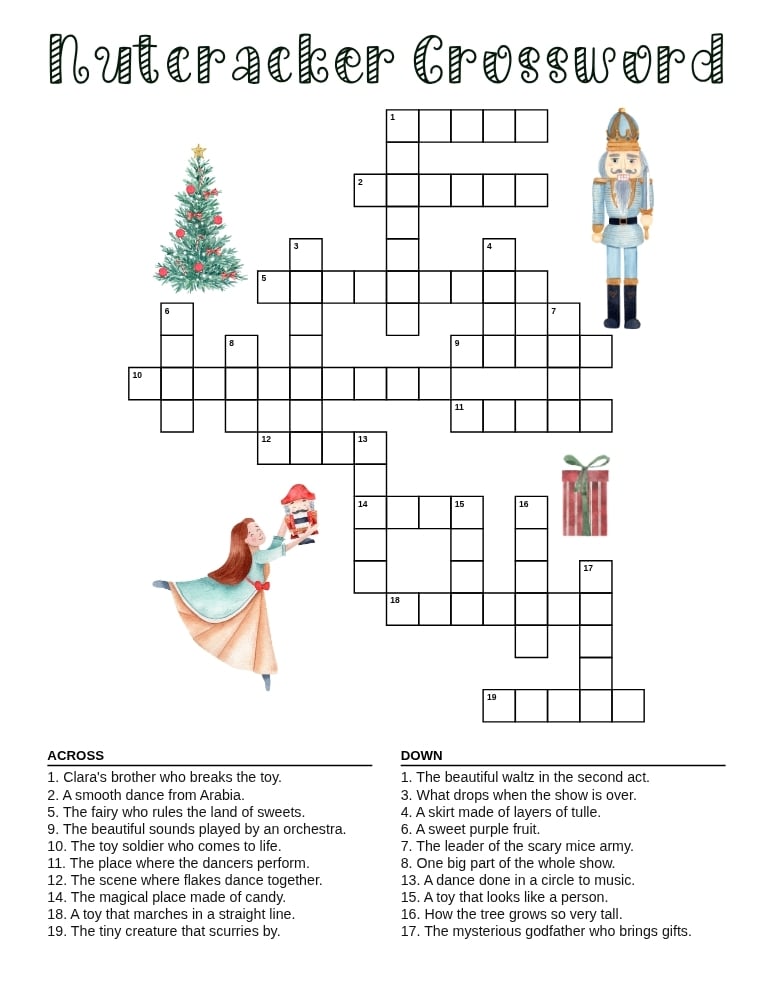 nutcracker theme Christmas crossword puzzle, festive holiday ballet word game, kids seasonal printable, PDF, instant download