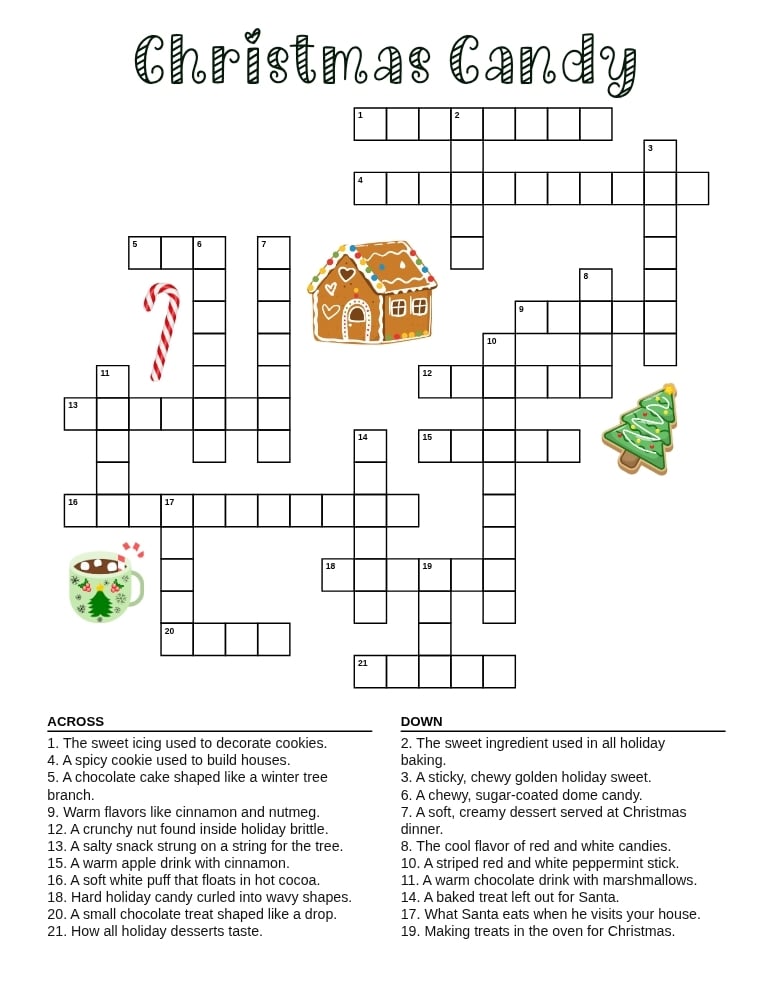 Christmas candy crossword puzzle, holiday sweets and treats word game, homeschool festive worksheet, PDF, instant download