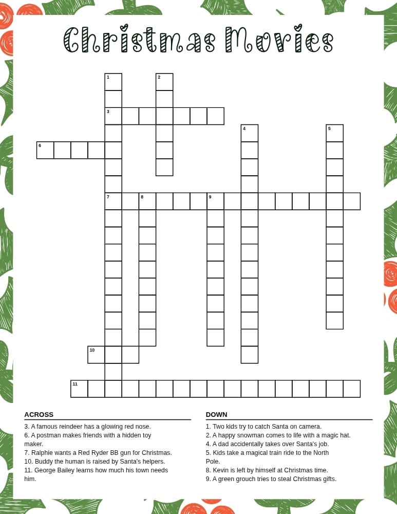 Christmas movie crossword puzzle, holiday film trivia word search game, family game night activity, PDF, instant download