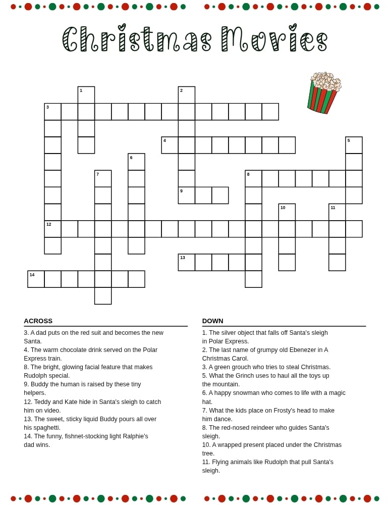Christmas movie themed crossword puzzles, popular holiday films brain teaser, printable student worksheet, PDF, instant download