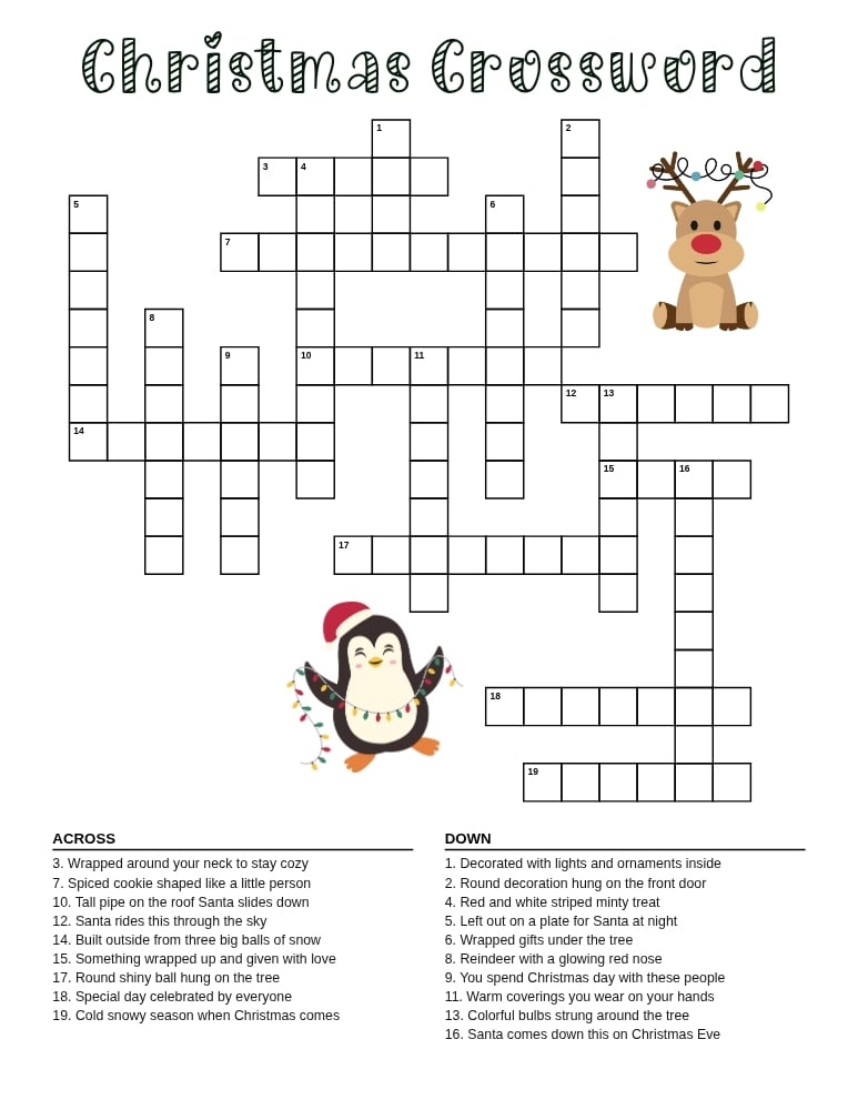 printable Christmas crossword puzzles, fun winter holiday activity page for children, homeschool literacy printable, PDF, instant download