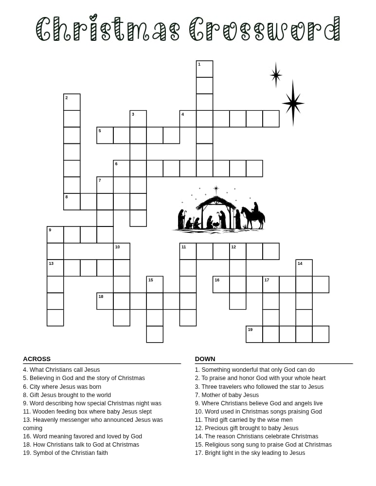 Christmas themed crossword puzzle, seasonal brain teaser for students, winter holiday activity page, PDF, instant download