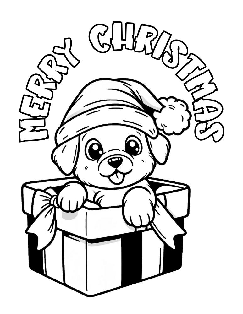 Christmas dog coloring page, PDF, instant download, kids