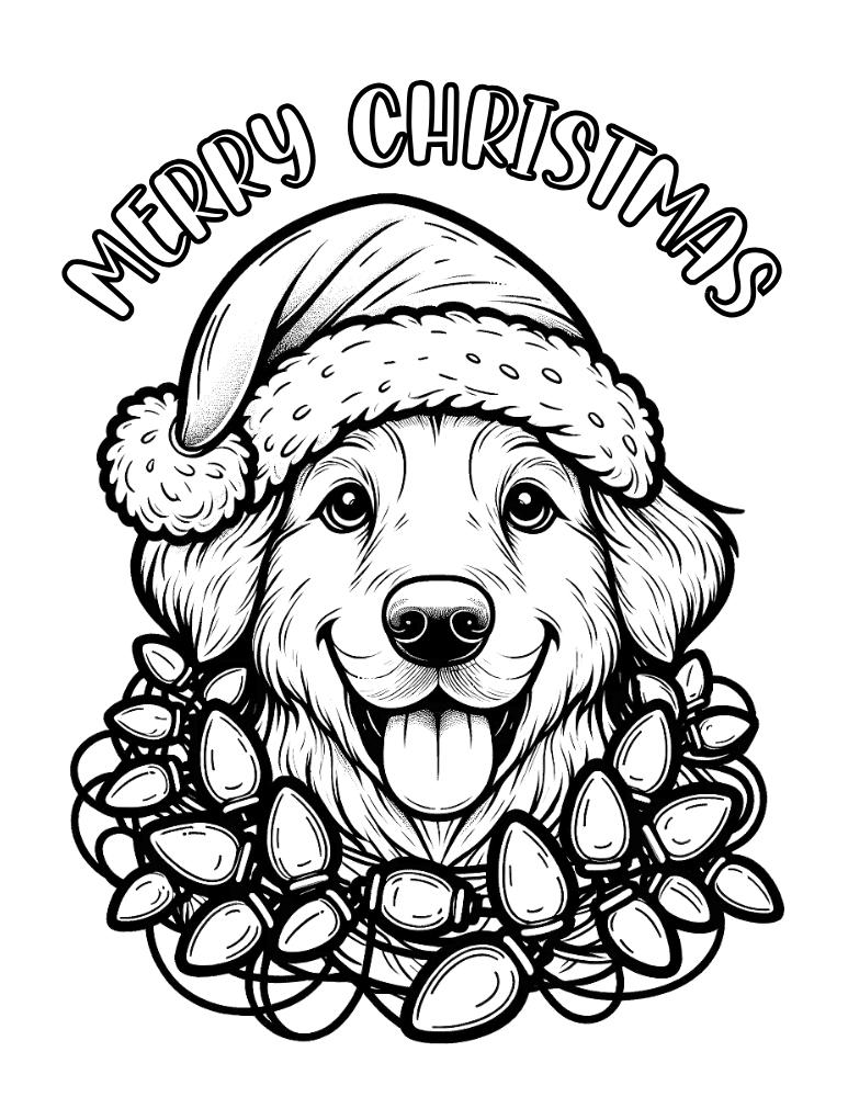 Christmas dog coloring page, PDF, instant download, kids
