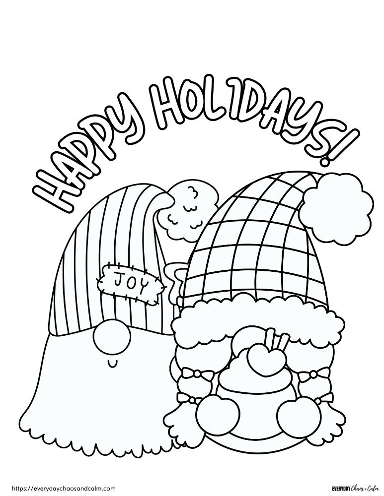 printable CHristmas gnome coloring pages, PDF, instant download, kids, coloring page