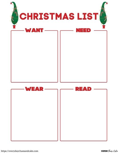 Want, Need, Wear, Read Christmas List for Kids Free printable Christmas lists for kids and adults, pdf, holidays, print, download.