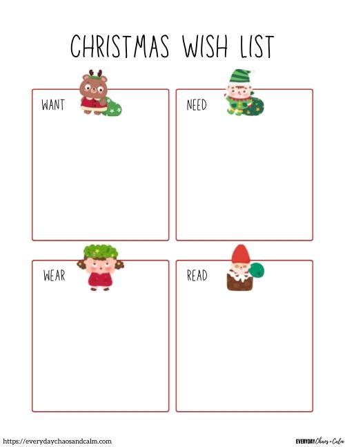 Want, Need, Wear, Read Christmas Wish List for Kids Free printable Christmas lists for kids and adults, pdf, holidays, print, download.