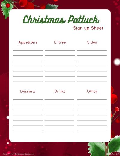 Printable Christmas Potluck Sign Up Sheet with Categories Free printable Christmas potluck sign up sheets, pdf, holidays, print, download.