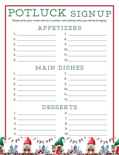 Numbered Christmas Potluck Sheet with 3 Categories Free printable Christmas potluck sign up sheets, pdf, holidays, print, download.