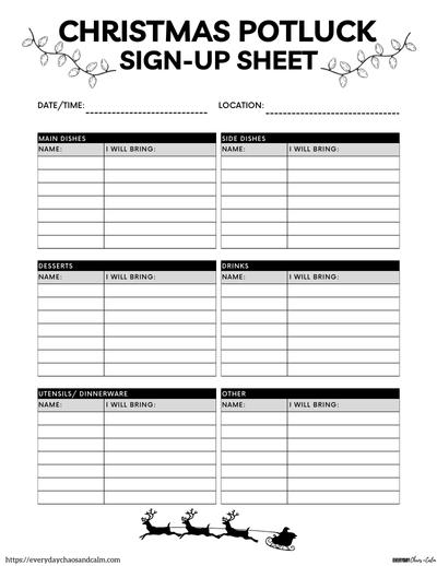 Potluck Sign Up Sheet