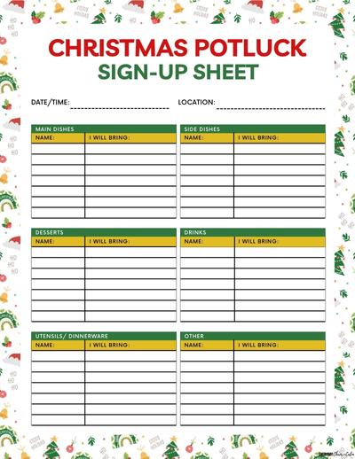 Printable Christmas Potluck Sign-Up Sheet with Categories Free printable Christmas potluck sign up sheets, pdf, holidays, print, download.