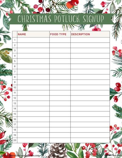 Printable Christmas Potluck Sign Up List Free printable Christmas potluck sign up sheets, pdf, holidays, print, download.