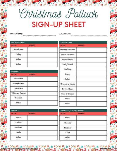 PrintableChristmas Potluck Sign Up Sheet With Food List Free printable Christmas potluck sign up sheets, pdf, holidays, print, download.