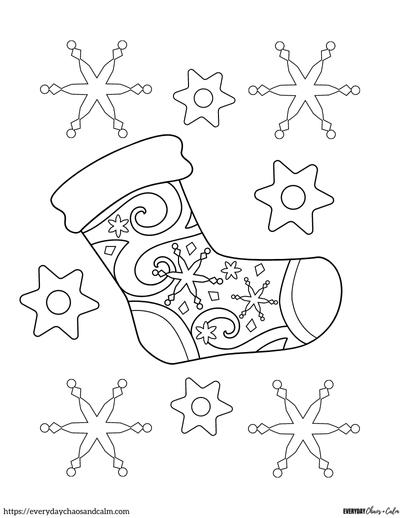 christmas stocking with snowflakes and stars coloring page