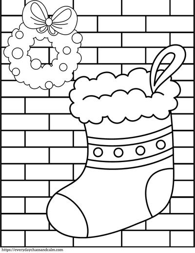 christmas stocking on fireplace with wreath coloring page