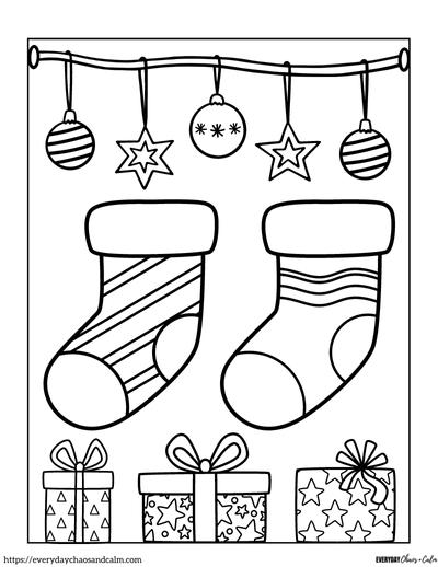 2 stockings with gifts and ornaments coloring page