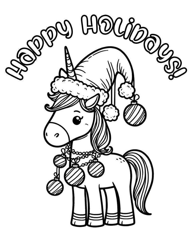 Christmas unicorn coloring page, PDF, instant download, kids