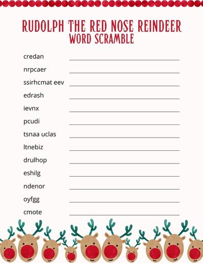 Printable Christmas Word Scramble- Rudolph Edition Free printable Christmas word scramble puzzle, pdf, holidays, print, download.