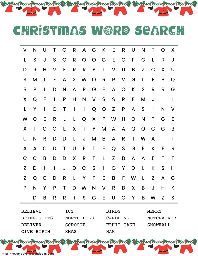 printable Christmas word search puzzle, PDF, instant download, kids