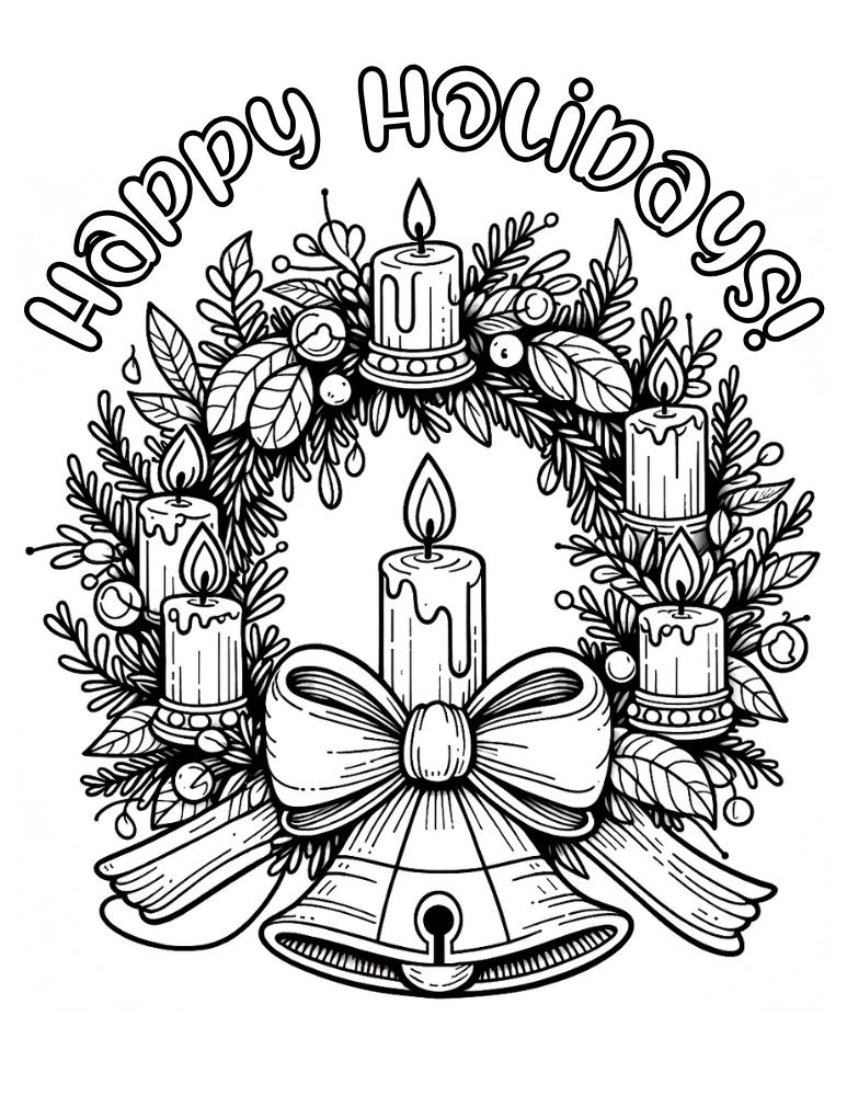 Christmas wreath coloring page, PDF, instant download, kids