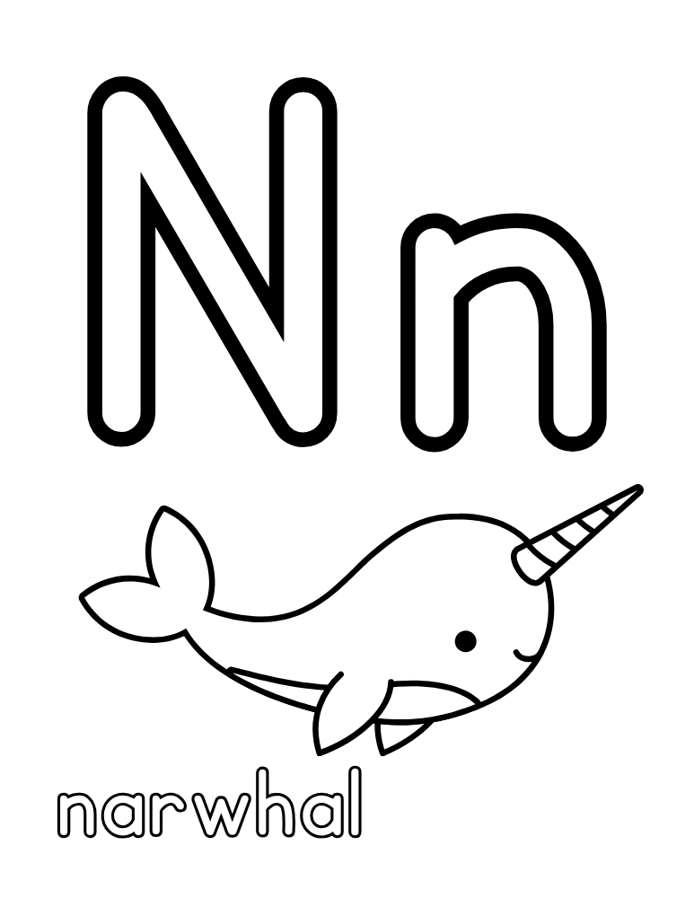 letter N coloring alphabet poster, children's letter recognition, phonics flashcard design, PDF, instant download