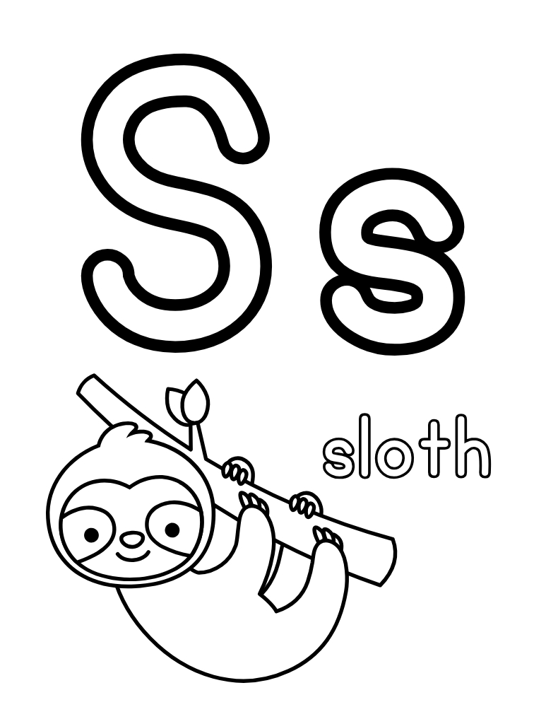 letter S coloring alphabet poster, toddler vocabulary coloring, classroom display sheet, PDF, instant download