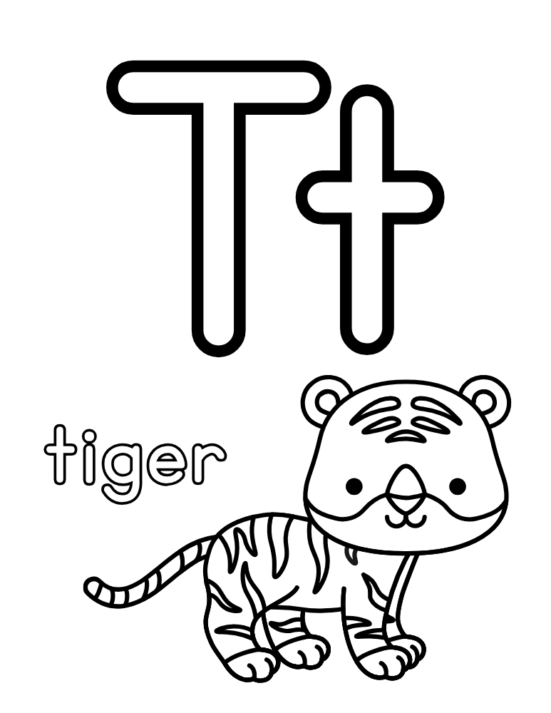 letter T coloring alphabet poster, kindergarten phonics lesson, printable letter display, PDF, instant download
