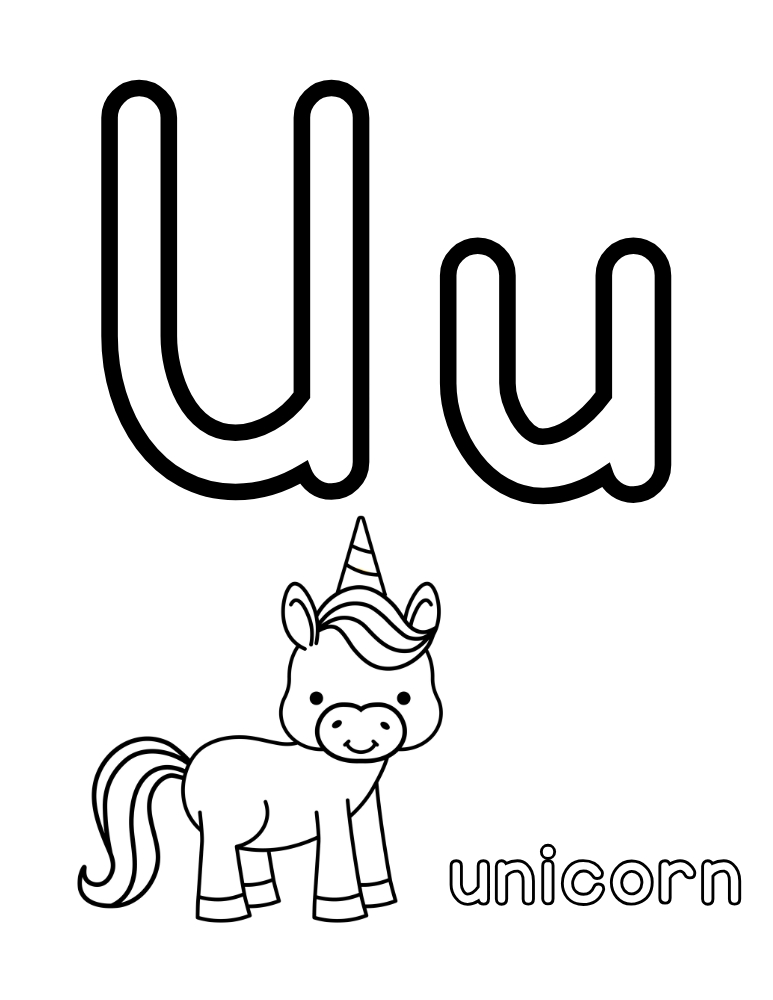 letter U coloring alphabet poster, early reading skill builder, visual ABC guide, PDF, instant download