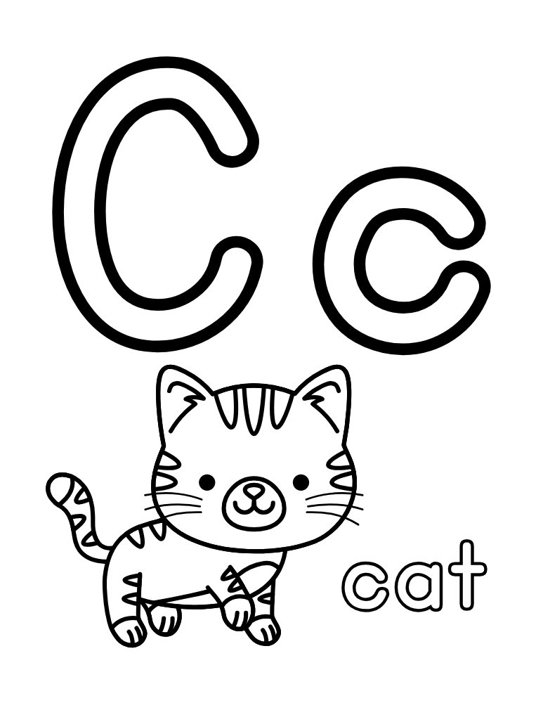 letter C coloring alphabet poster, toddler learning printable, initial sounds practice, PDF, instant download