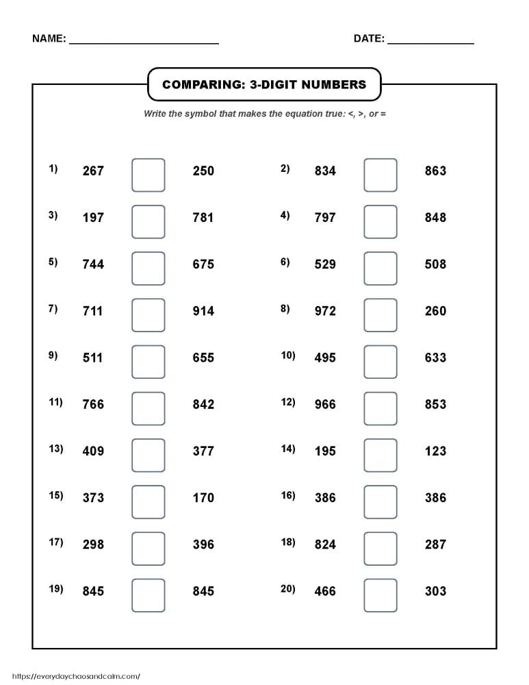 comparing 3 digit numbers worksheet, hundreds tens and ones math practice, second grade place value sheet, PDF, instant download