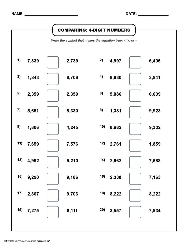 comparing 4 digit numbers worksheet, elementary math comparison puzzle, thousands place value sheet, PDF, instant download