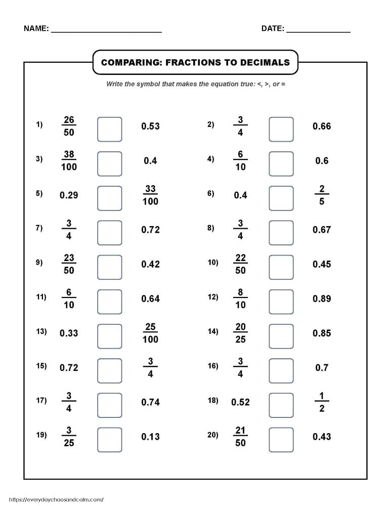 comparing fractions to decimals worksheet, converting and ranking numbers, upper elementary math review, PDF, instant download