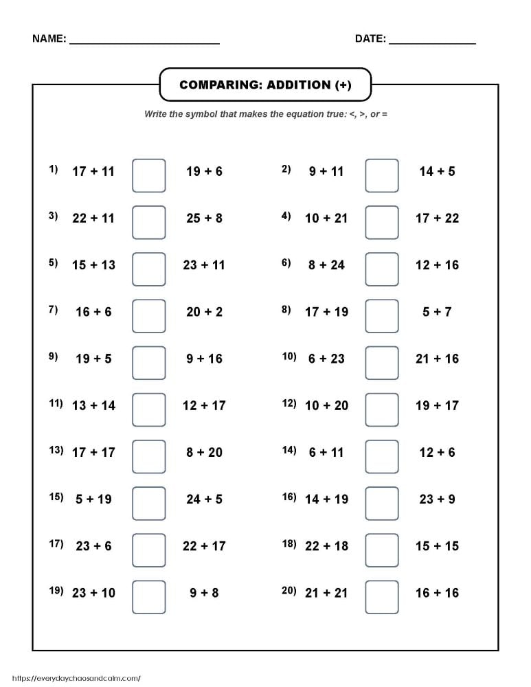 comparing addition worksheet, arithmetic balance equations printable, first and second grade math game, PDF, instant download