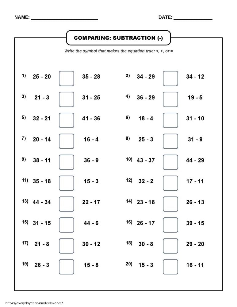 comparing subtraction worksheet, horizontal equation logic puzzle, early elementary math review, PDF, instant download