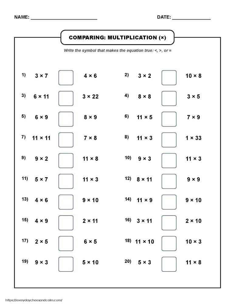 comparing multiplication worksheet, times tables comparison test, third grade arithmetic sheet, PDF, instant download