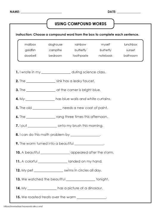 using compound words worksheet, vocabulary building, reading comprehension, PDF, instant download