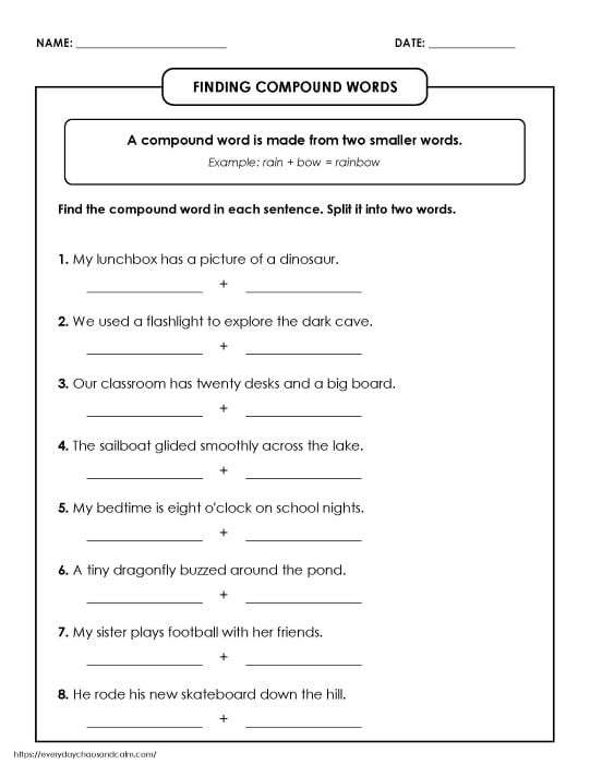 compound words practice sheet, language arts activity, phonics printable, PDF, instant download