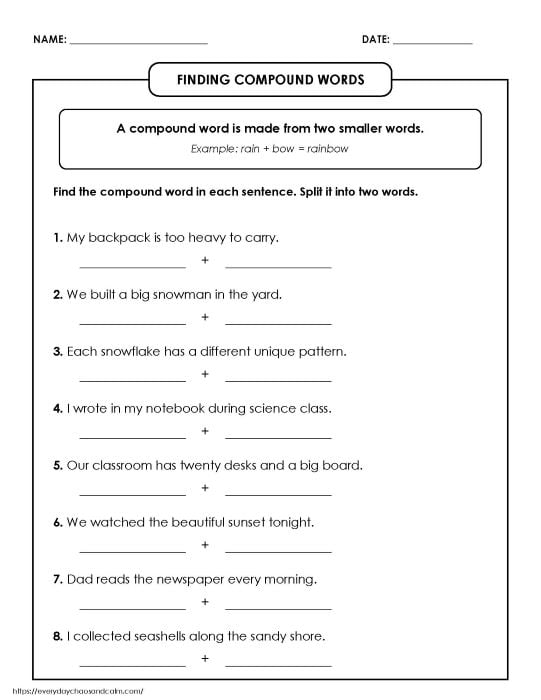 finding compound words, second grade literacy worksheet, homeschool resource, PDF, instant download