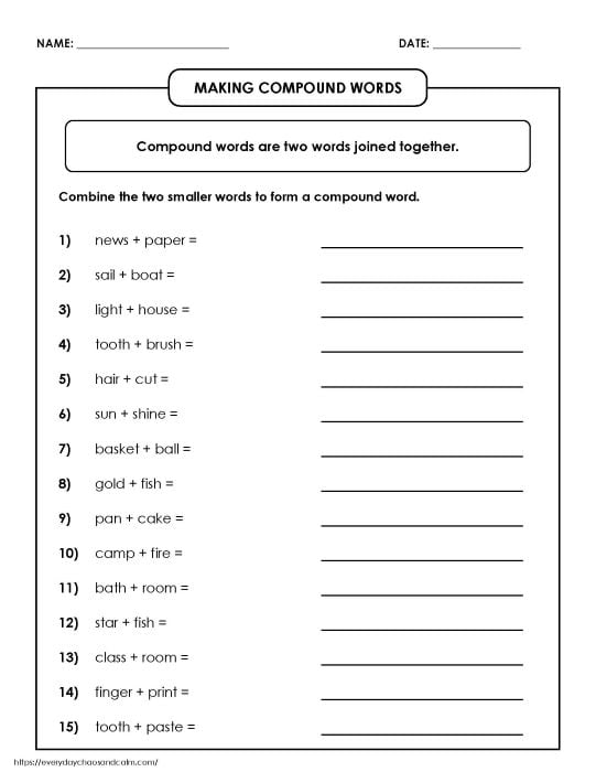 making compound words activity, kindergarten and first grade grammar, teacher resource, PDF, instant download