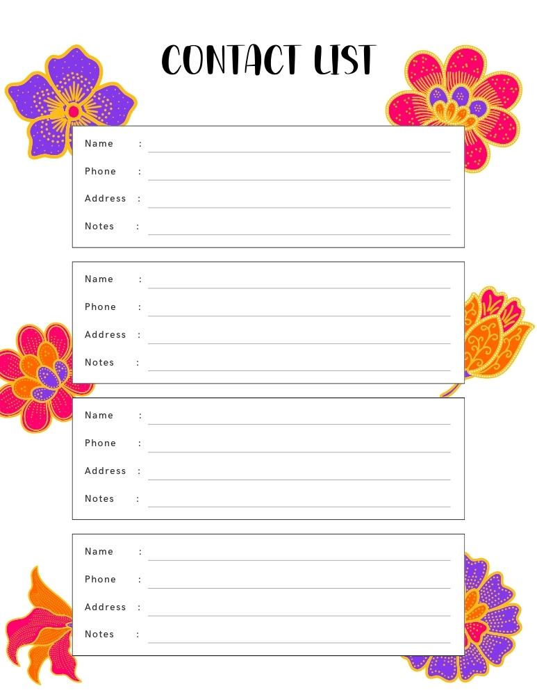 printable contact list, organizer , PDF, instant download, 
