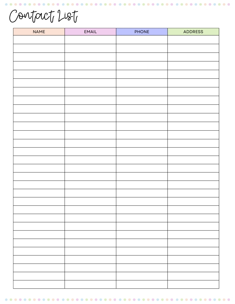 printable contact list, organizer , PDF, instant download, 