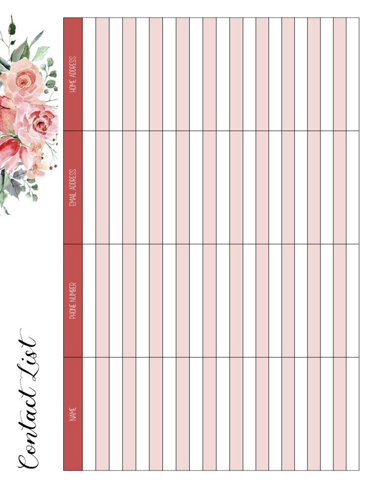 printable contact list, organizer , PDF, instant download, 