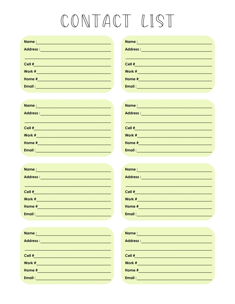 printable contact list, organizer , PDF, instant download, 