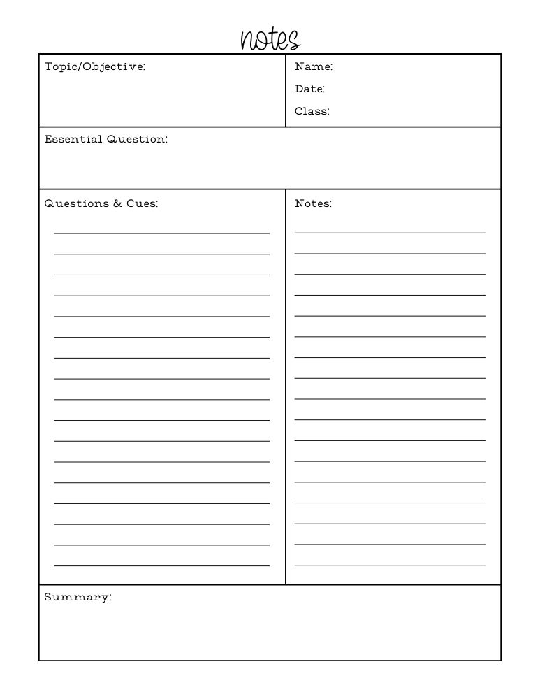 cornell notes template, PDF, instant download, education