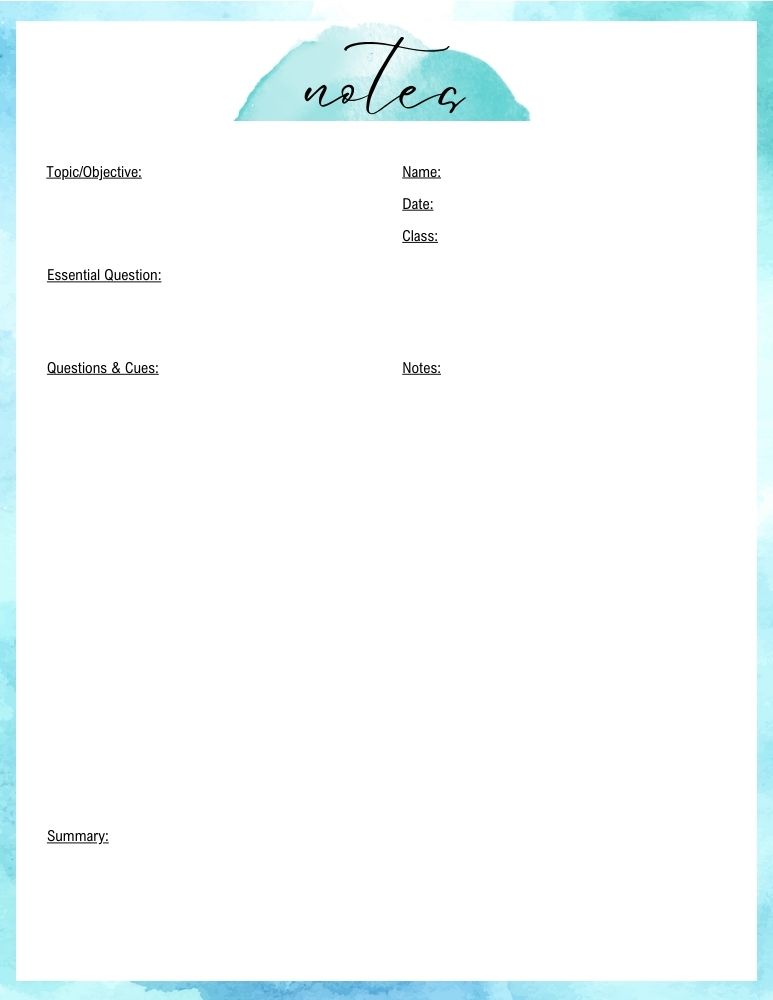 cornell notes template, PDF, instant download, education