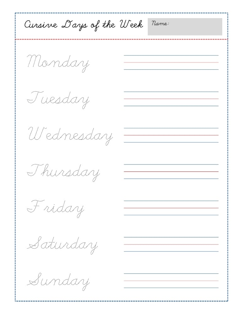cursive days of the week worksheets, education printable, PDF, instant download, kids