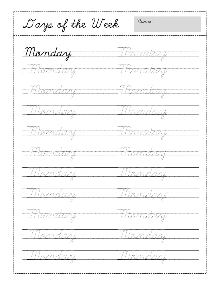 cursive days of the week worksheets, education printable, PDF, instant download, kids