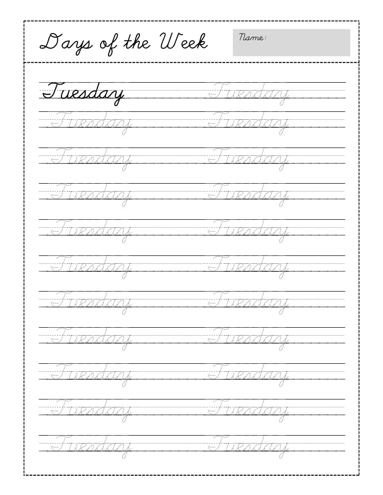 cursive days of the week worksheets, education printable, PDF, instant download, kids