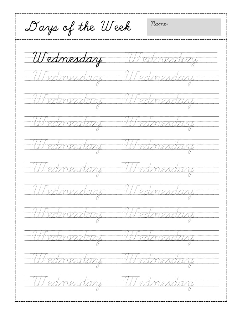 cursive days of the week worksheets, education printable, PDF, instant download, kids