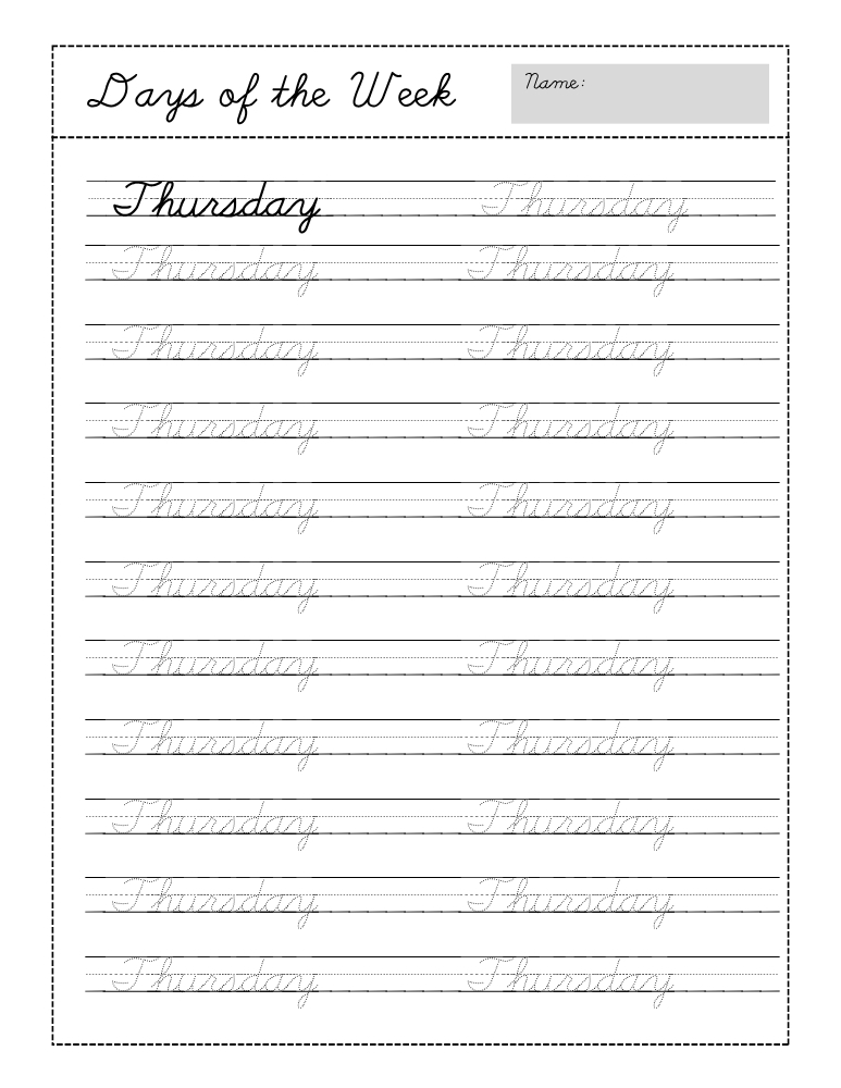 cursive days of the week worksheets, education printable, PDF, instant download, kids